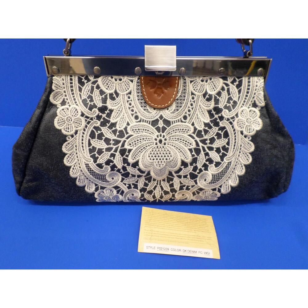 Patricia Nash Style P021239 Dark Denim Leather Embroidered Lace Shoulder Bag